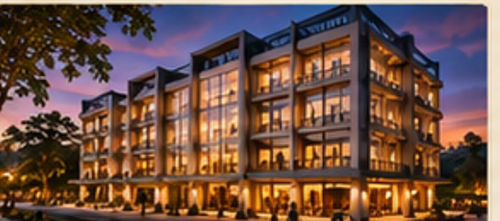 Commercial complex with multiplex theatre at dusk